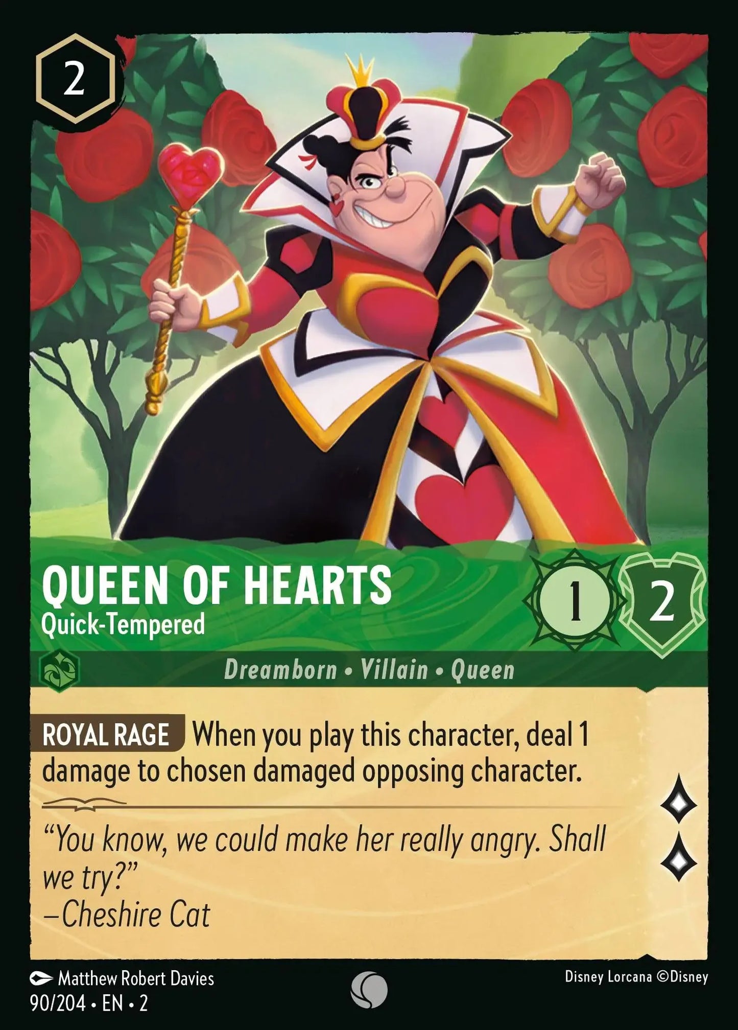 (090) Lorcana Rise of the Floodborn Single: Queen Of Hearts - Quick-Tempered Holo Common