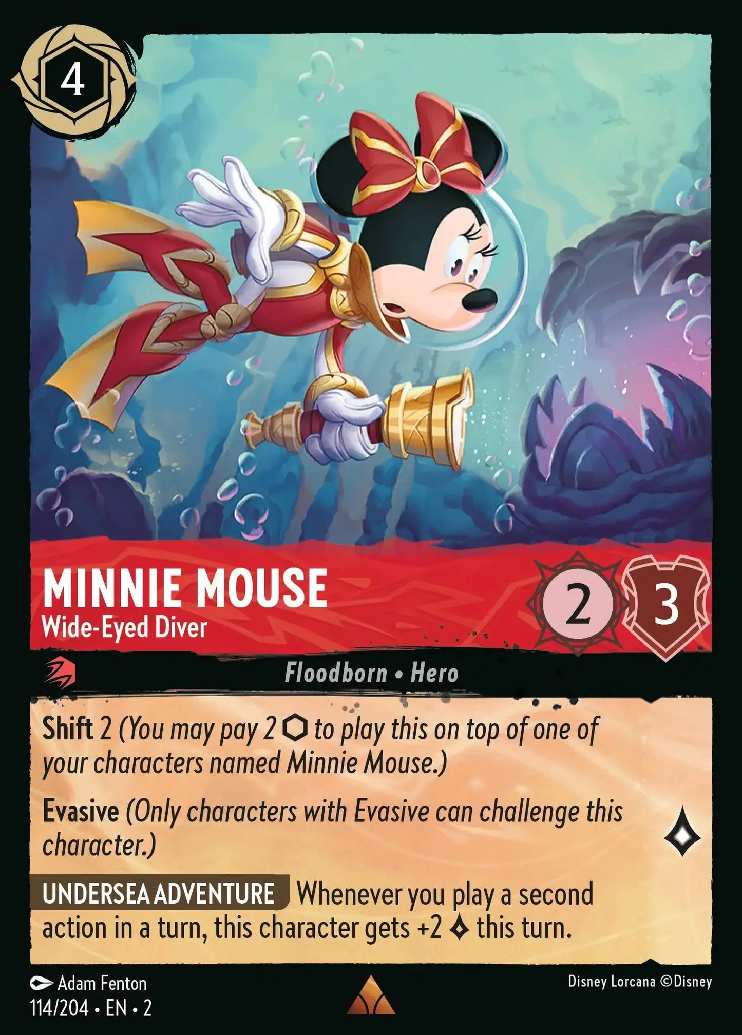 (114) Lorcana Rise of the Floodborn Single: Minnie Mouse - Wide-Eyed Diver Holo Rare