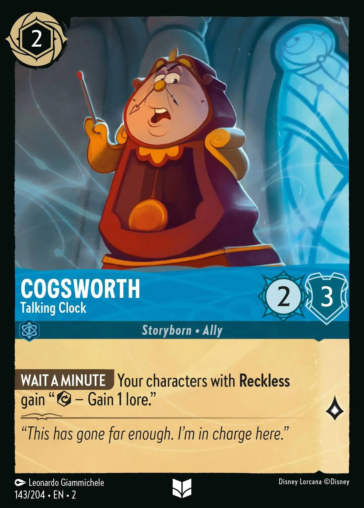 (143) Lorcana Rise of the Floodborn Single: Cogsworth - Talking Clock Uncommon