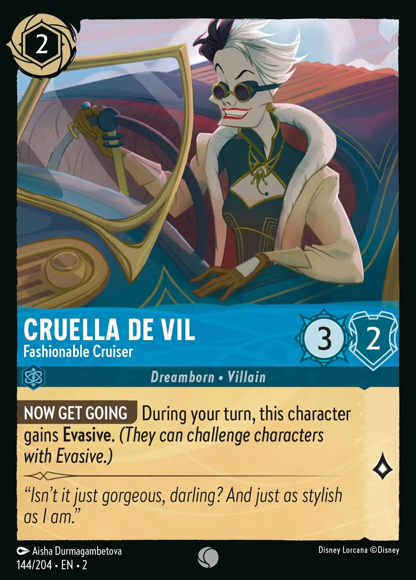 (144) Lorcana Rise of the Floodborn Single: Cruella De Vil - Fashionable Cruiser Holo Common