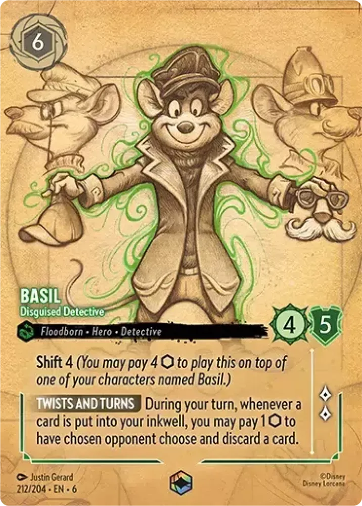 (212) Lorcana Azurite Sea Single: Basil - Disguised Detective (V.2) Holo Enchanted