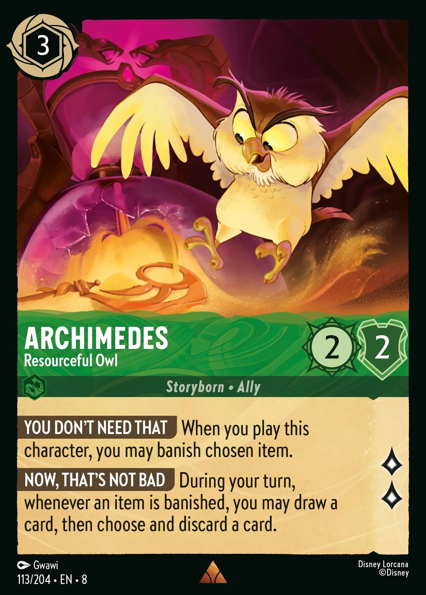 (113/204) Lorcana Reign of Jafar Single: Archimedes - Resourceful Owl Holo Rare