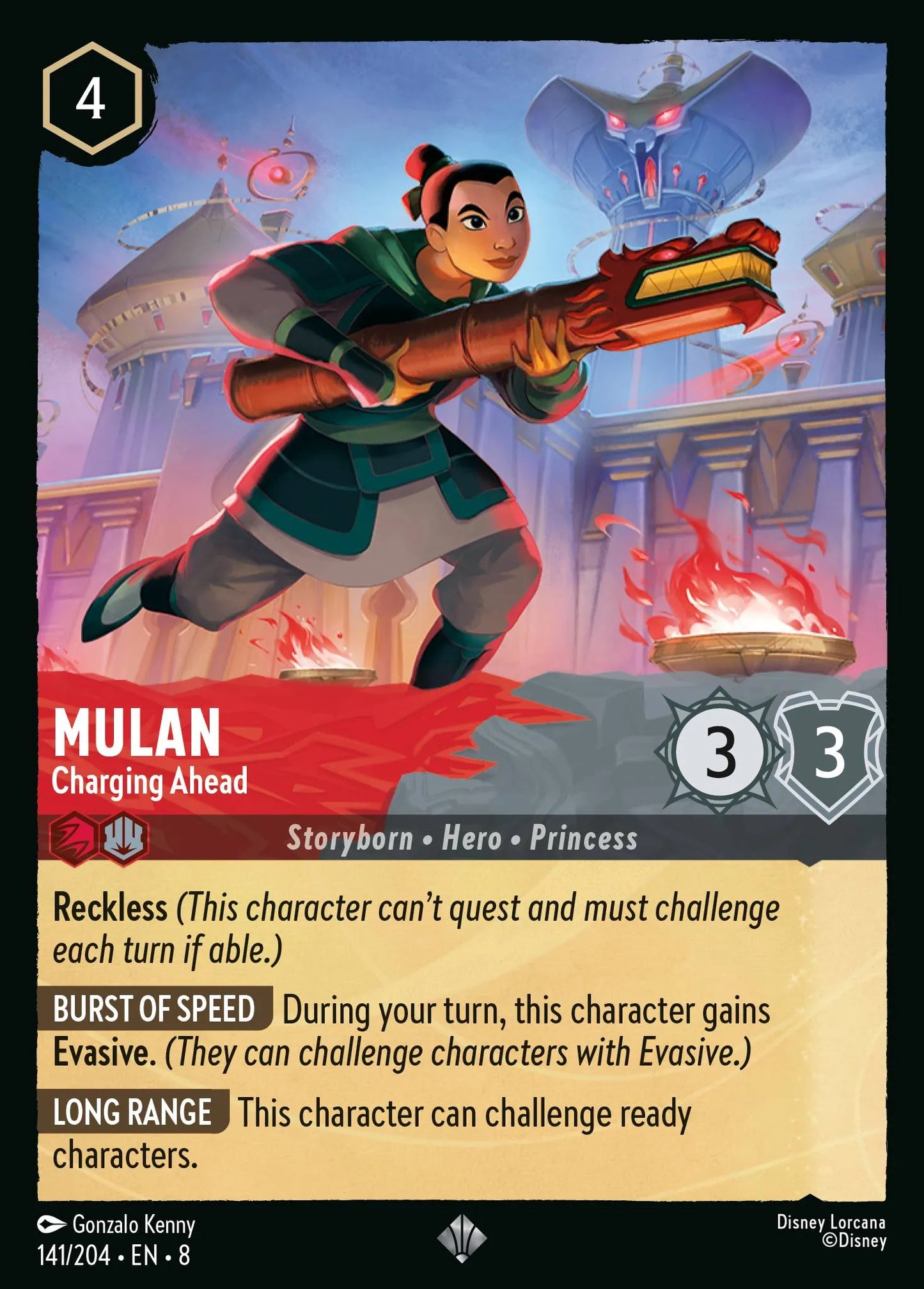 (141/204) Lorcana Reign of Jafar Single: Mulan - Charging Ahead (V.1) Holo Super Rare