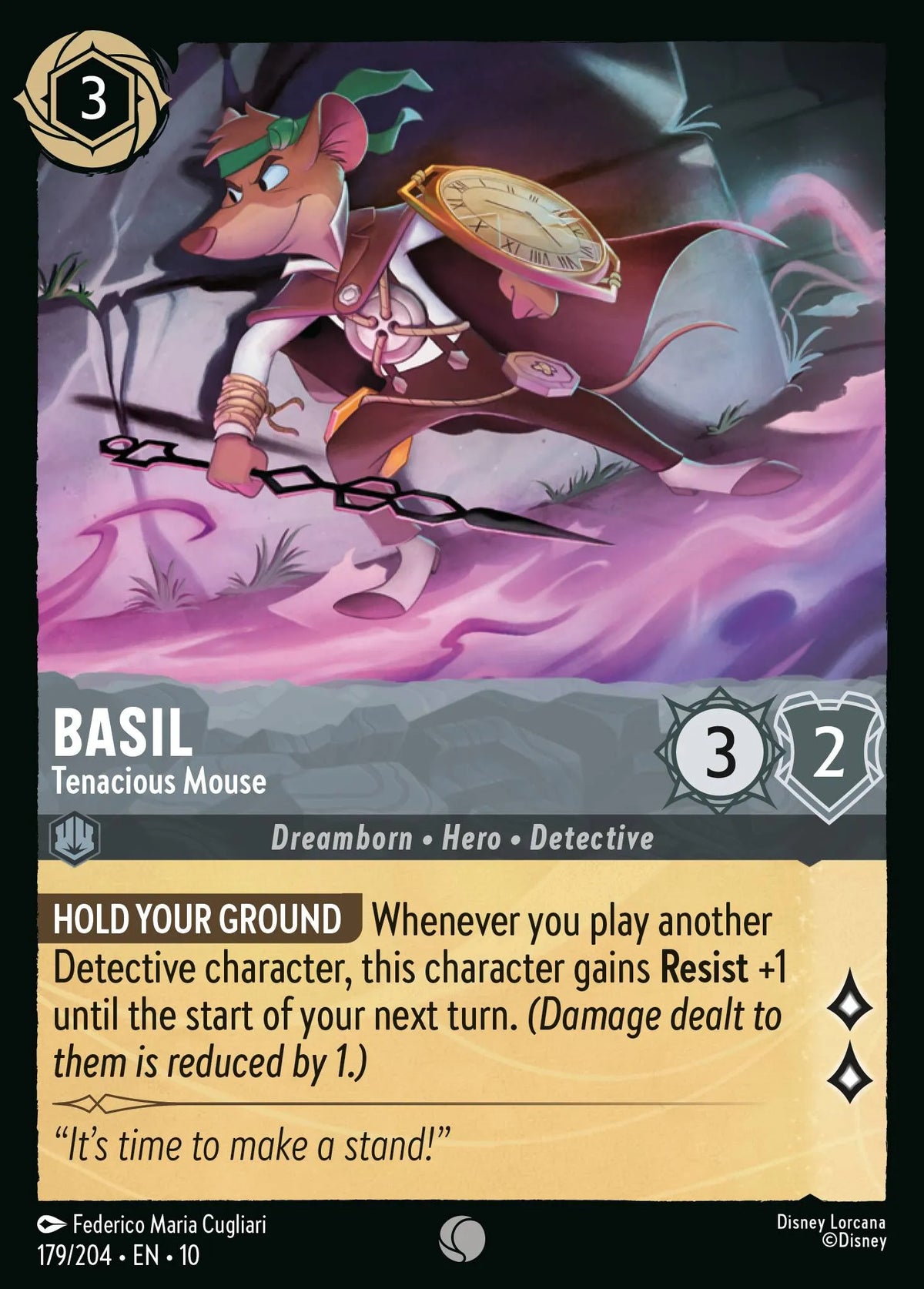 (179/204) Lorcana Whispers in the Well Single: Basil - Tenacious Mouse Holo Common