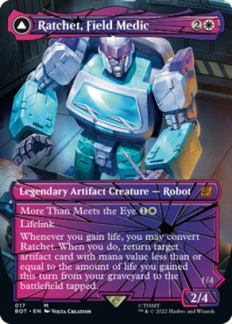 (017) Magic The Gathering Universes Beyond: Transformers Single: Ratchet, Field Medic // Ratchet, Rescue Racer (V.2) Holo Mythic