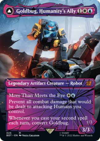 (025) Magic The Gathering Universes Beyond: Transformers Single: Goldbug, Humanity's Ally // Goldbug, Scrappy Scout (V.2) Mythic