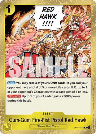 (114) One Piece TCG OP11: A Fist of Divine Speed Single: Gum-Gum Fire-Fist Pistol Red Hawk (OP11-114) (V.1) Rare
