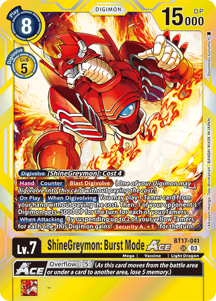 (041) Digimon TCG Secret Crisis Single: ShineGreymon: Burst Mode Ace (BT17-041) (V.1) Super Rare