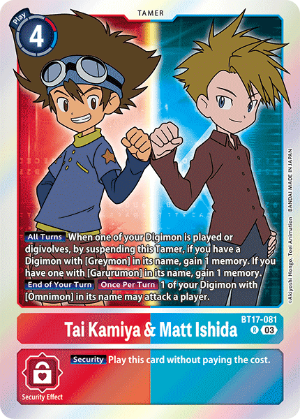 (081) Digimon TCG Secret Crisis Single: Tai Kamiya & Matt Ishida (BT17-081) (V.1) Rare