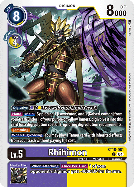 (081) Digimon TCG Special Booster Ver 2.0 Single: Rhihimon (BT18-081) Uncommon
