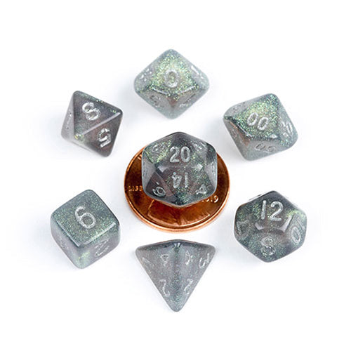 Fanroll - 10mm Mini Polyhedral Dice set - Stardust Grey w/ Silver Numbers