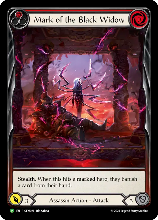 (021) Flesh & Blood TCG GEM Pack Promos Single: Mark of the Black Widow (Red) (Extended Art Rainbow Foil) Promo
