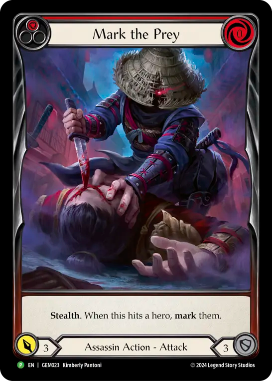 (023) Flesh & Blood TCG GEM Pack Promos Single: Mark the Prey (Red) (Extended Art Rainbow Foil) Promo