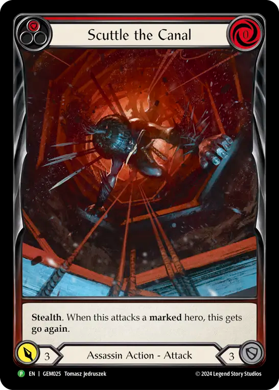 (025) Flesh & Blood TCG GEM Pack Promos Single: Scuttle the Canal (Red) (Extended Art Rainbow Foil) Promo