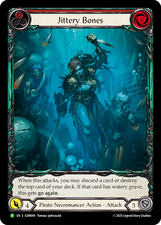 (049) Flesh & Blood TCG GEM Pack Promos Single: Jittery Bones (Red) (Extended Art Regular) Promo