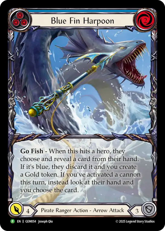 (054) Flesh & Blood TCG GEM Pack Promos Single: Blue Fin Harpoon (Extended Art Rainbow Foil) Promo