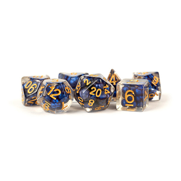 Fanroll: 16mm Resin Polyhedral Dice Set: Pearl Royal Blue w/ Gold Numbers