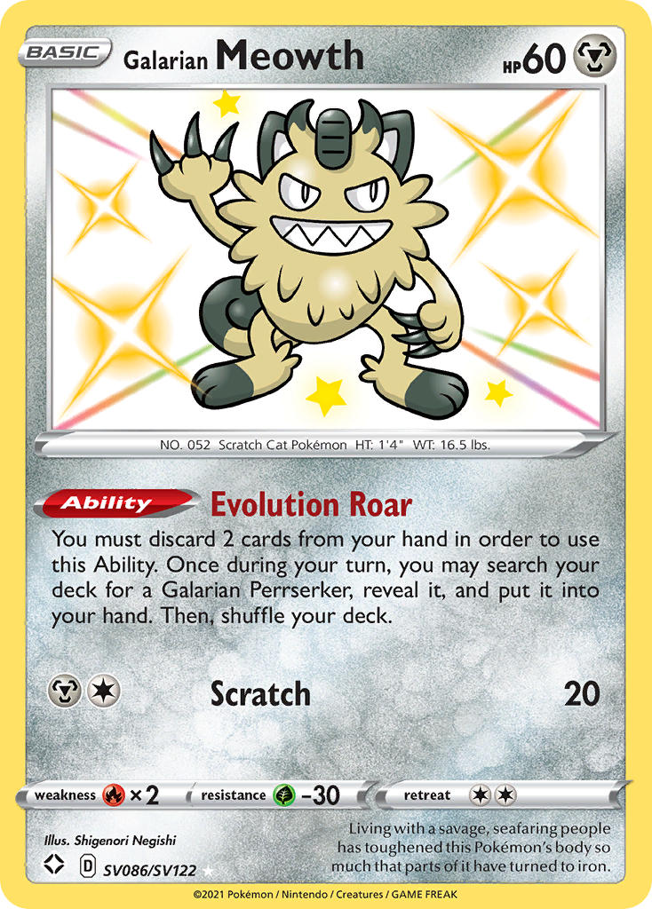 (SV086/SV122) Pokemon TCG Shining Fates Single: Galarian Meowth Secret Rare