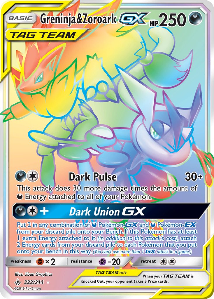 (222/214) Pokemon TCG Unbroken Bonds Single: Greninja & Zoroark GX Rainbow Rare