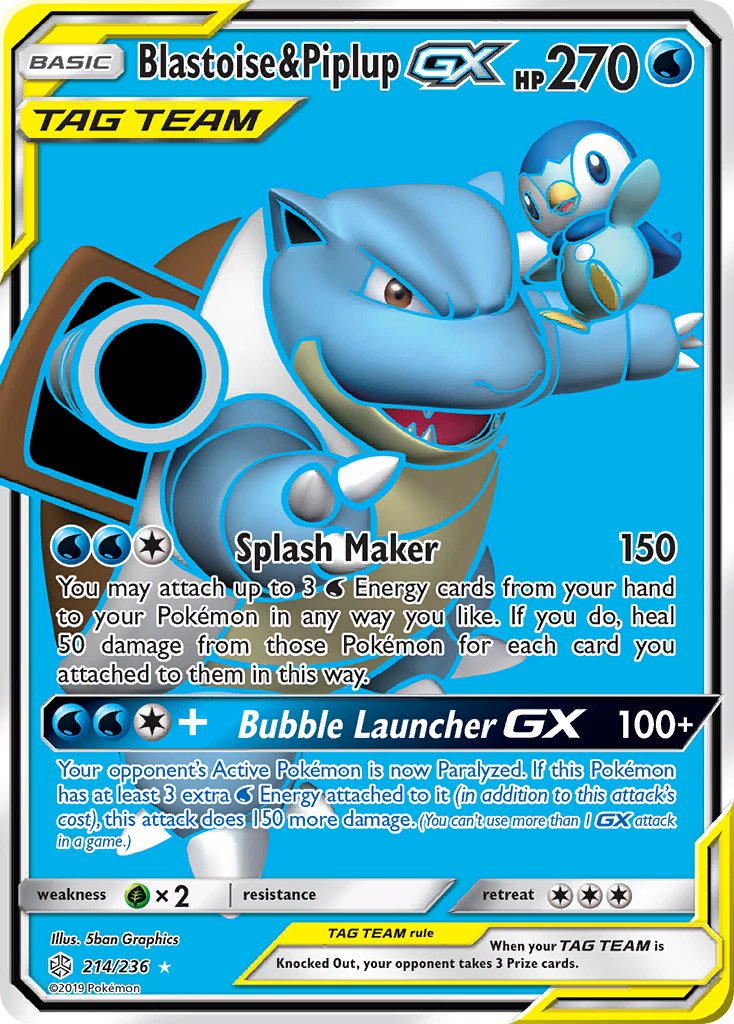(214/236) Pokemon TCG Cosmic Eclipse Single: Blastoise & Piplup GX Ultra Rare