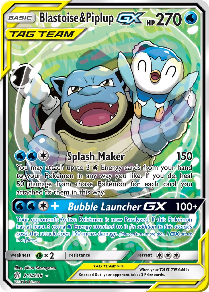 (215/236) Pokemon TCG Cosmic Eclipse Single: Blastoise & Piplup GX Ultra Rare