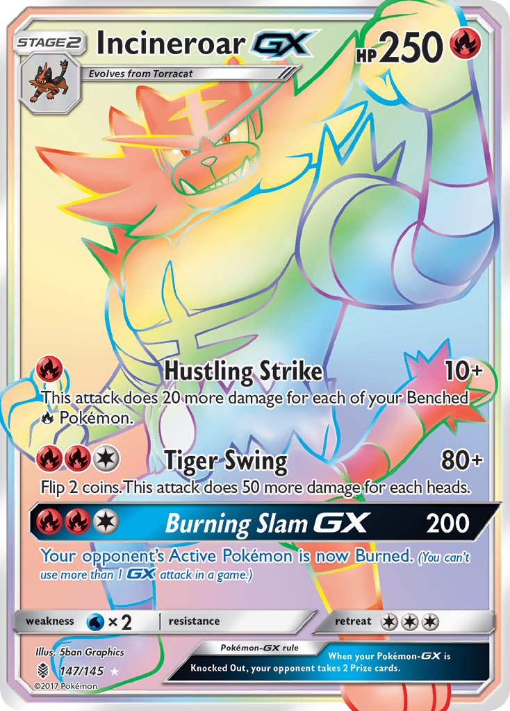 (147/145) Pokemon TCG Guardians Rising Single: Incineroar GX Rainbow Rare