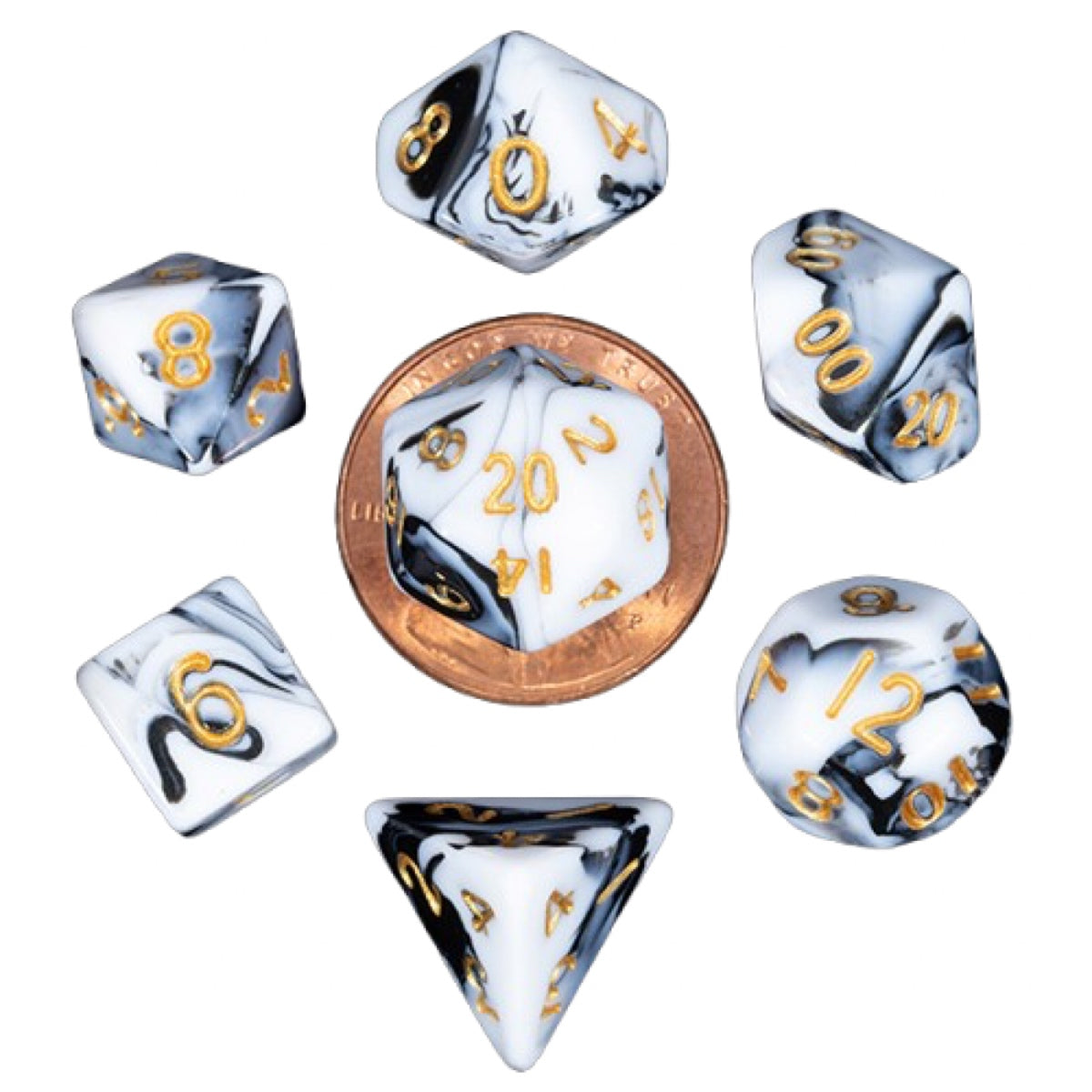 Fanroll: 10mm Mini Polyhedral Dice Set: Marble w/ Gold Numbers