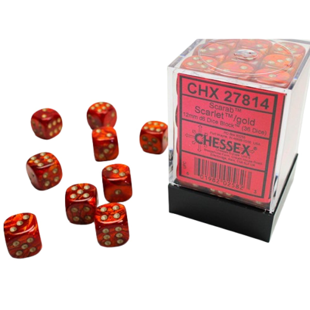 Chessex: Scarab 12mm D6 Dice Block: Scarlet w/Gold