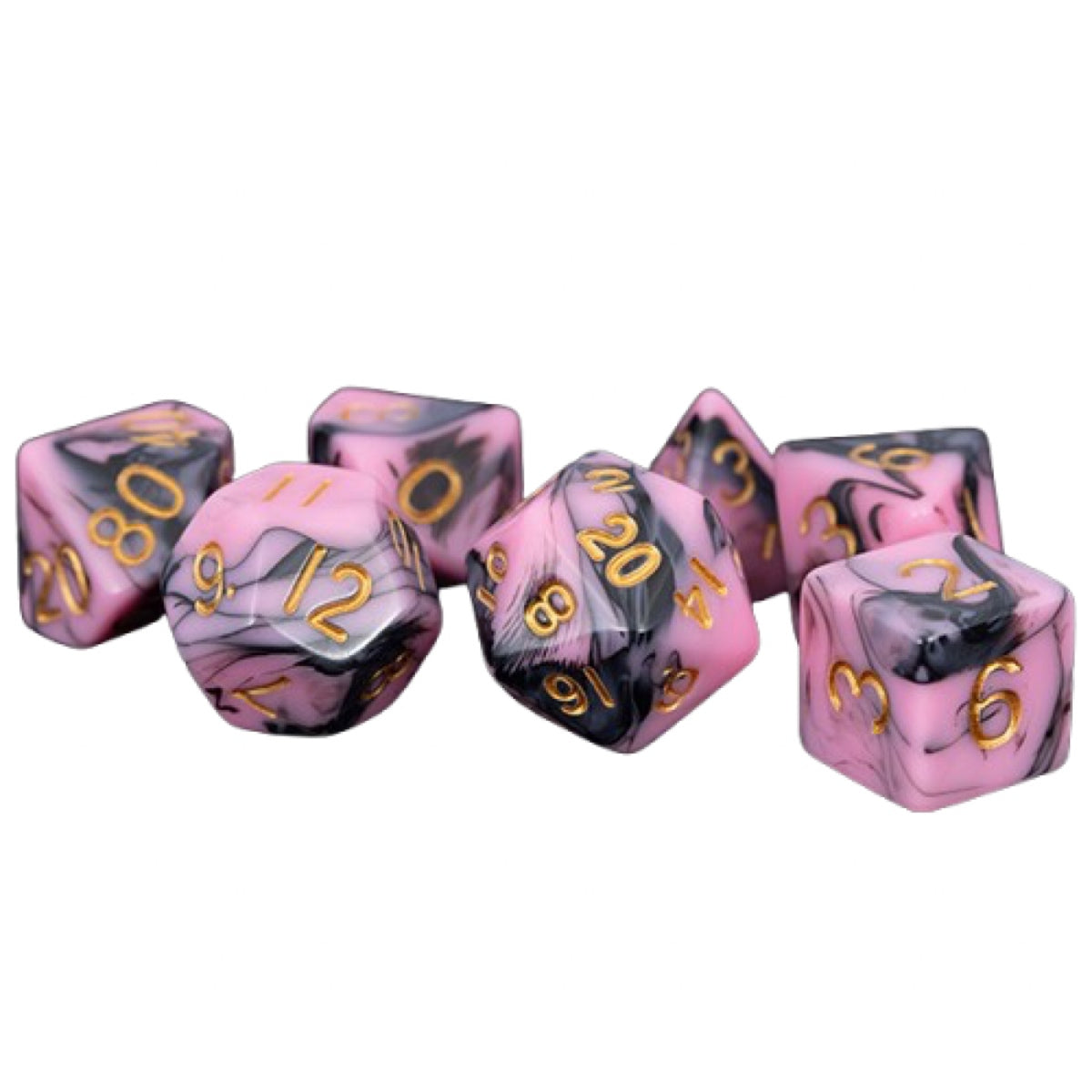 Fanroll: 16mm Acrylic Polyhedral Dice Set: Pink/Black w/ Gold Numbers