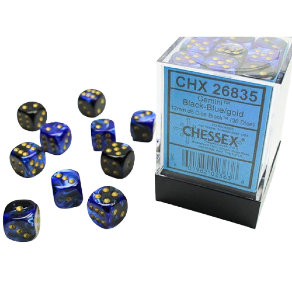 Chessex: Gemini 12mm D6 Dice Block: Black & Blue w/Gold