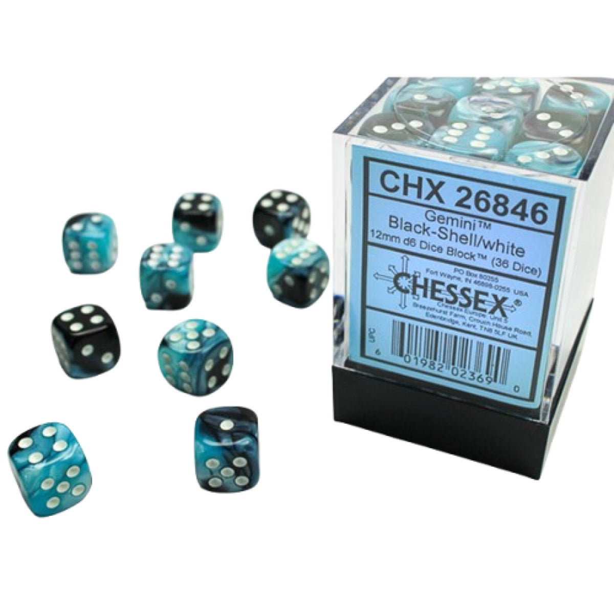 Chessex: Gemini 12mm D6 Dice Block: Black & Shell w/White