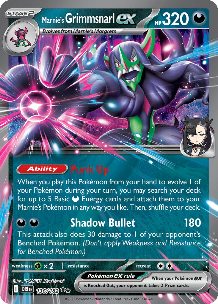 (136/182) Pokemon TCG Destined Rivals Single: Marnie's Grimmsnarl ex Double Rare