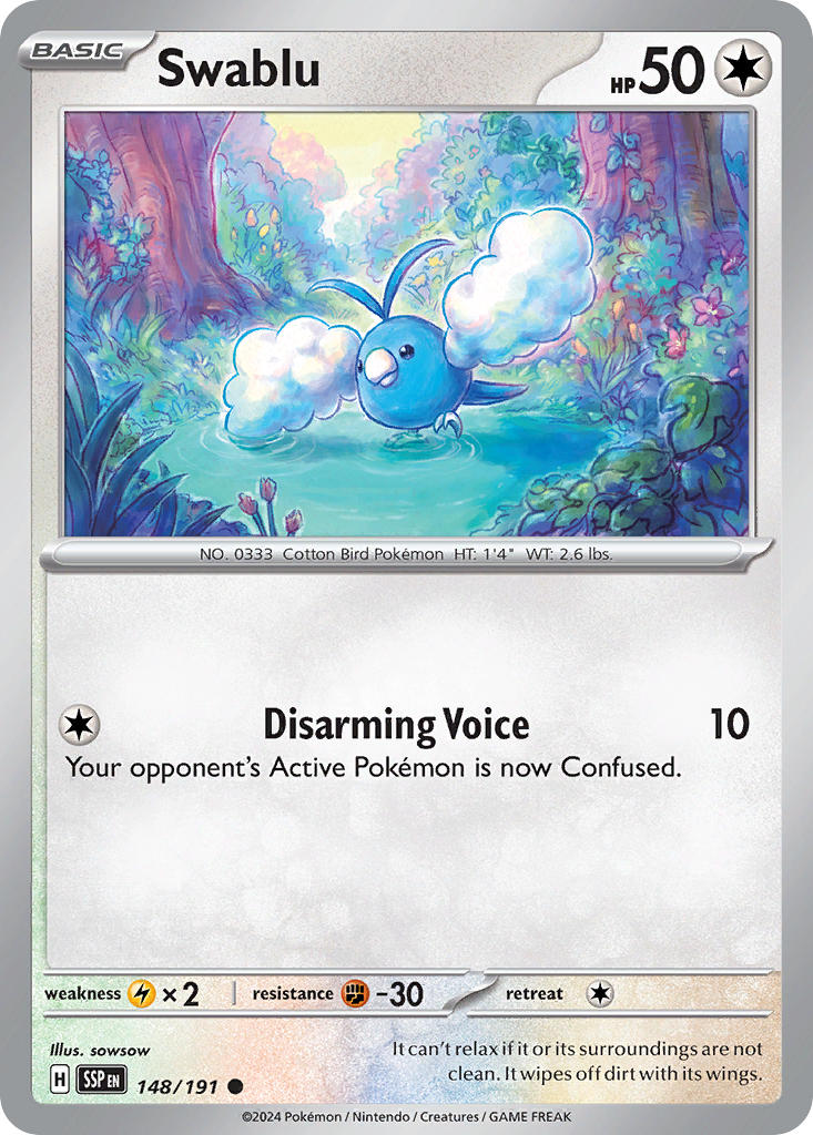 (148/191) Pokemon TCG Surging Sparks Single: Swablu Reverse Holo Common