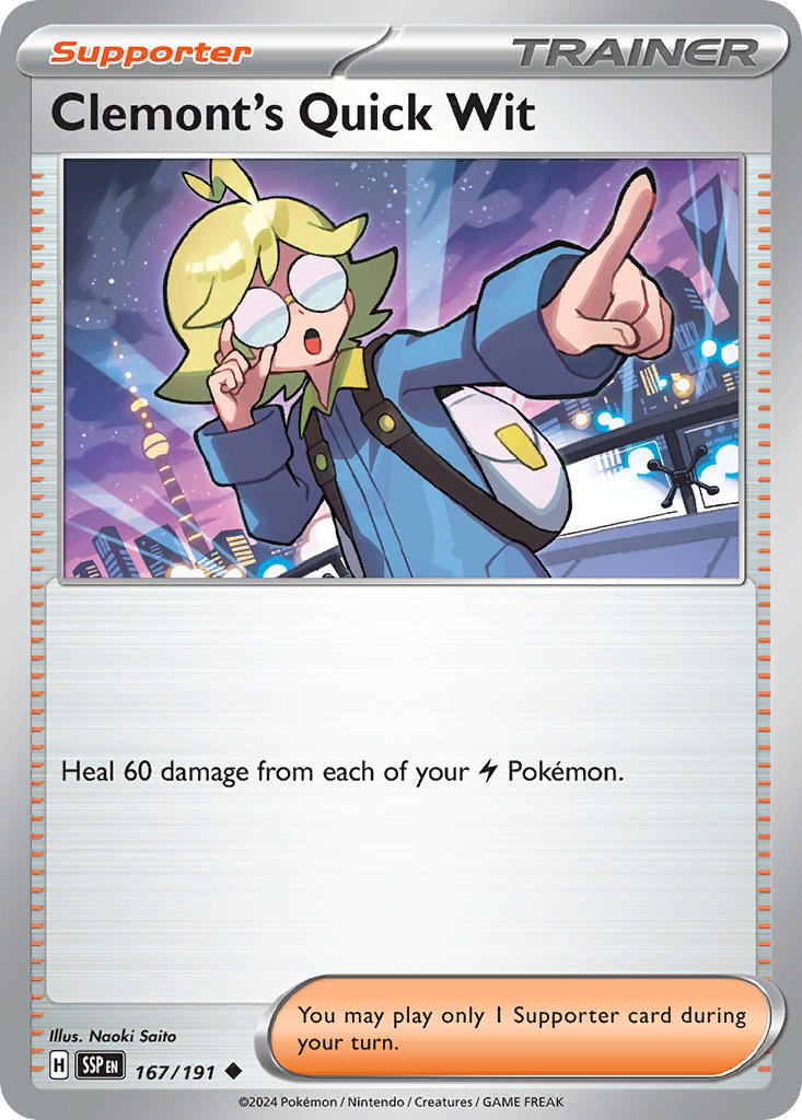 (167/191) Pokemon TCG Surging Sparks Single: Clemont's Quick Wit Uncommon