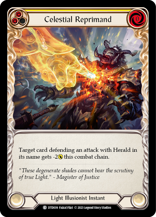 (DTD039) Flesh & Blood TCG Dusk till Dawn Single: Celestial Reprimand (Yellow) (Rainbow Foil) Common