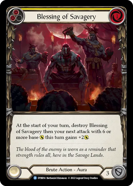 (DYN014) Flesh & Blood TCG Dynasty Single: Blessing of Savagery (Yellow) (Rainbow Foil) Rare