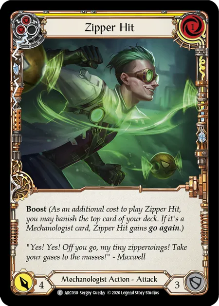 (ARC030) Flesh & Blood TCG Arcane Rising - Unlimited Single: Zipper Hit (Yellow) (Rainbow Foil) Common