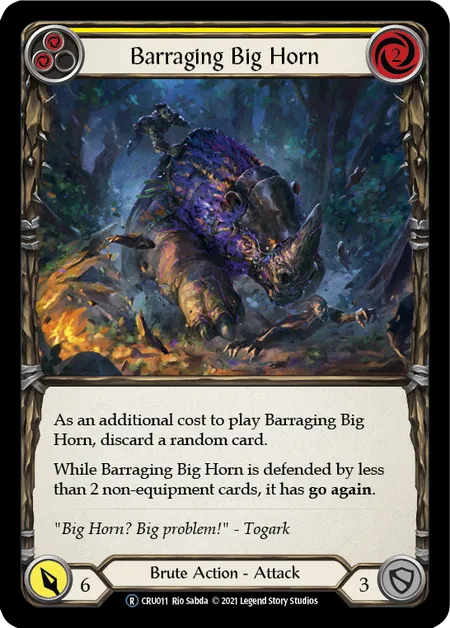 (CRU011) Flesh & Blood TCG Crucible of War - Unlimited Single: Barraging Big Horn (Yellow) (Regular) Rare