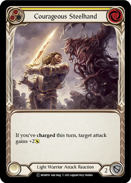(MON058) Flesh & Blood TCG Monarch - Unlimited Single: Courageous Steelhand (Yellow) (Rainbow Foil) Common