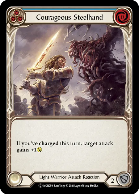 (MON059) Flesh & Blood TCG Monarch - Unlimited Single: Courageous Steelhand (Blue) (Rainbow Foil) Common