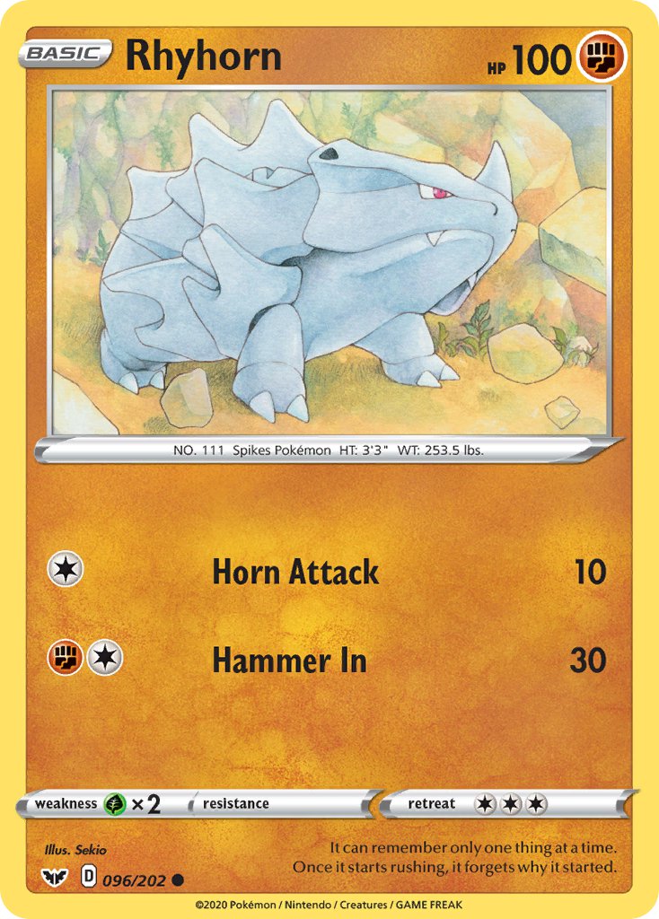 (096/202) Pokemon TCG Sword & Shield Single: Rhyhorn Reverse Holo Common
