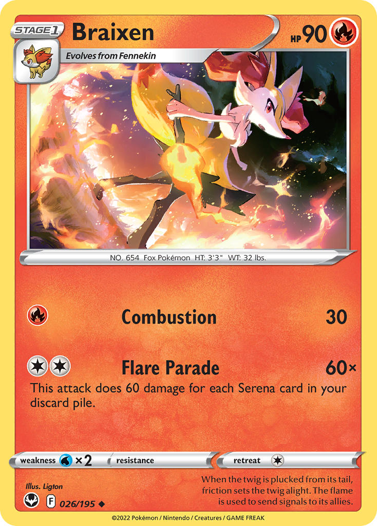 (026/195) Pokemon TCG Silver Tempest Single: Braixen Reverse Holo Uncommon