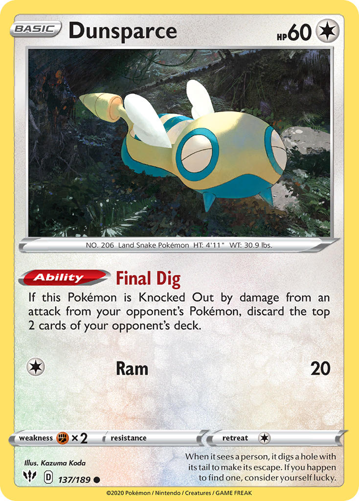 (137/189) Pokemon TCG Darkness Ablaze Single: Dunsparce Common