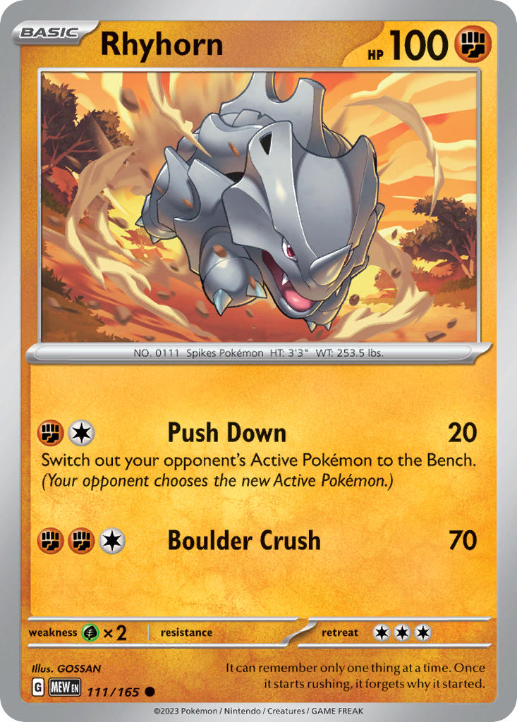 (111/165) Pokemon TCG 151 Single: Rhyhorn Reverse Holo Common