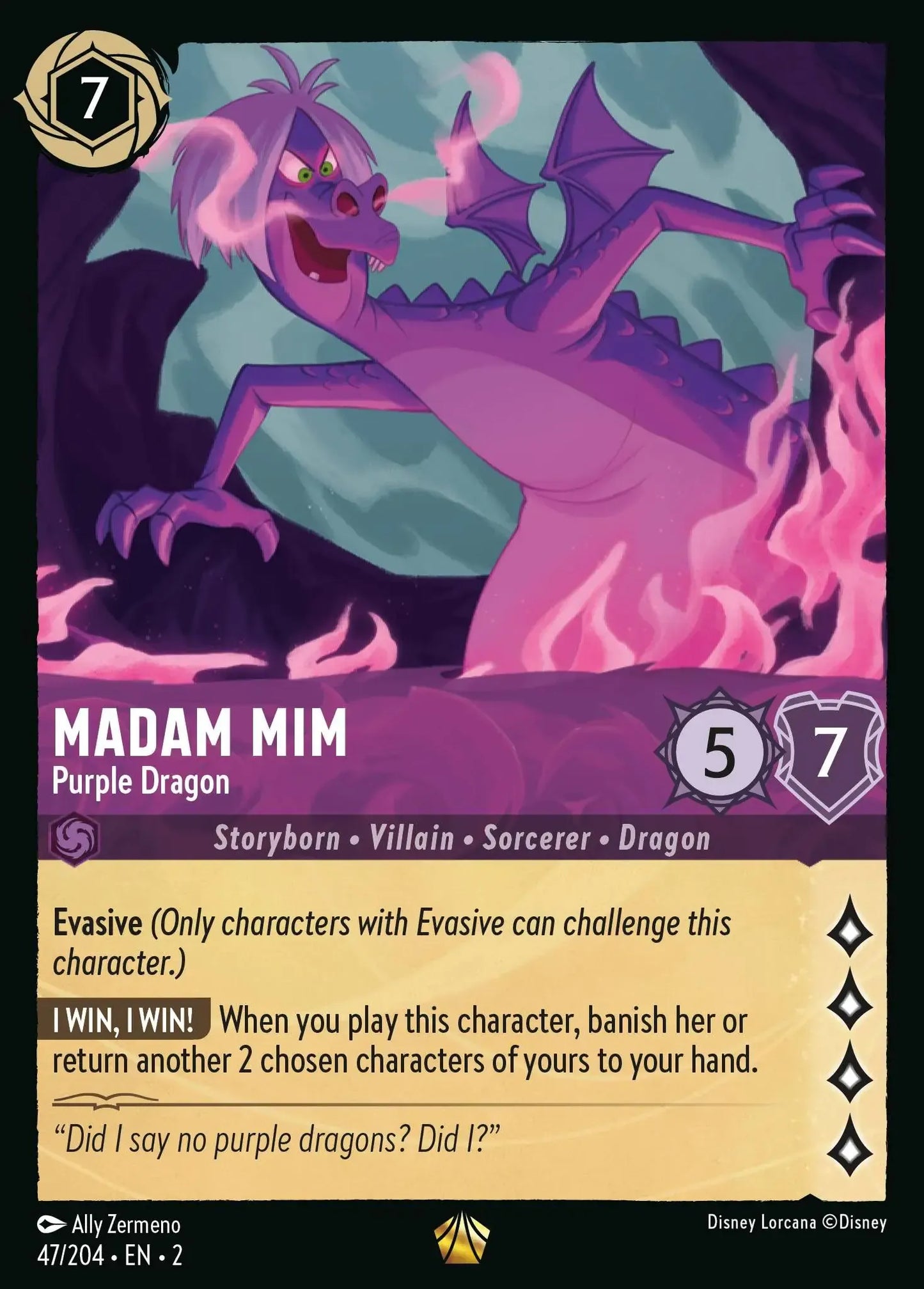 (047) Lorcana Rise of the Floodborn Single: Madam Mim - Purple Dragon (V.1)  Holo Legendary