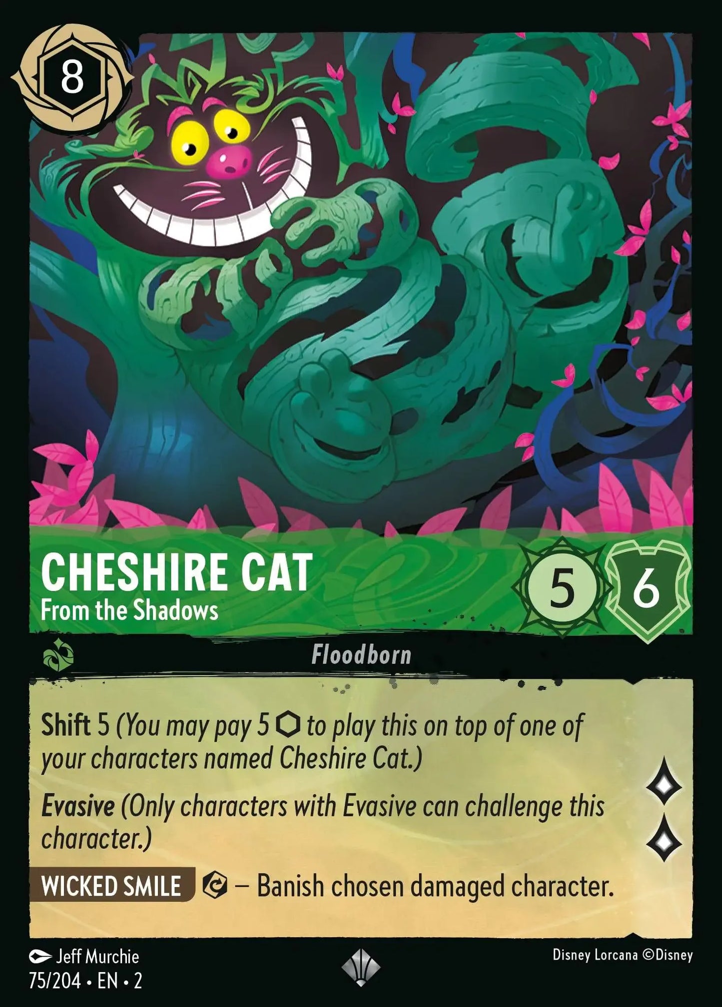 (075) Lorcana Rise of the Floodborn Single: Cheshire Cat - From the Shadows  Holo Super Rare
