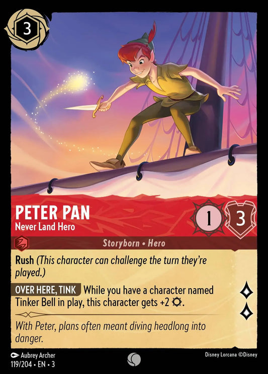 (119) Lorcana Into the Inklands Single: Peter Pan - Never Land Hero  Holo Common