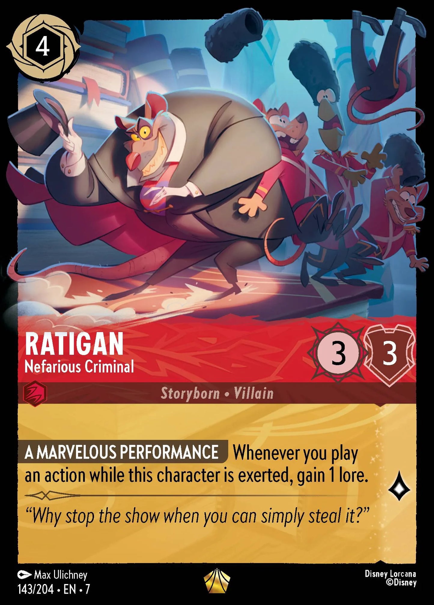 (143/204) Lorcana Archazia's Island Single: Ratigan - Nefarious Criminal (V.1)  Legendary