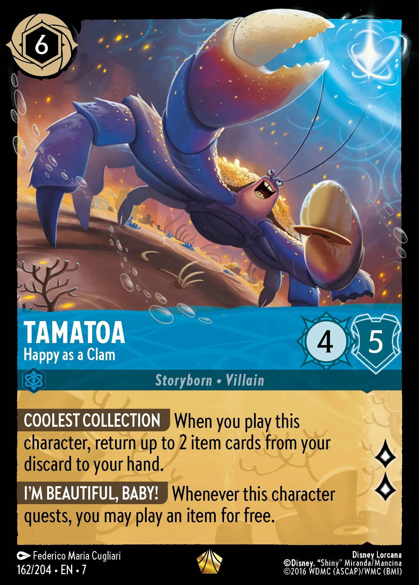 (162/204) Lorcana Archazia's Island Single: Tamatoa - Happy as a Clam (V.1) Holo Legendary