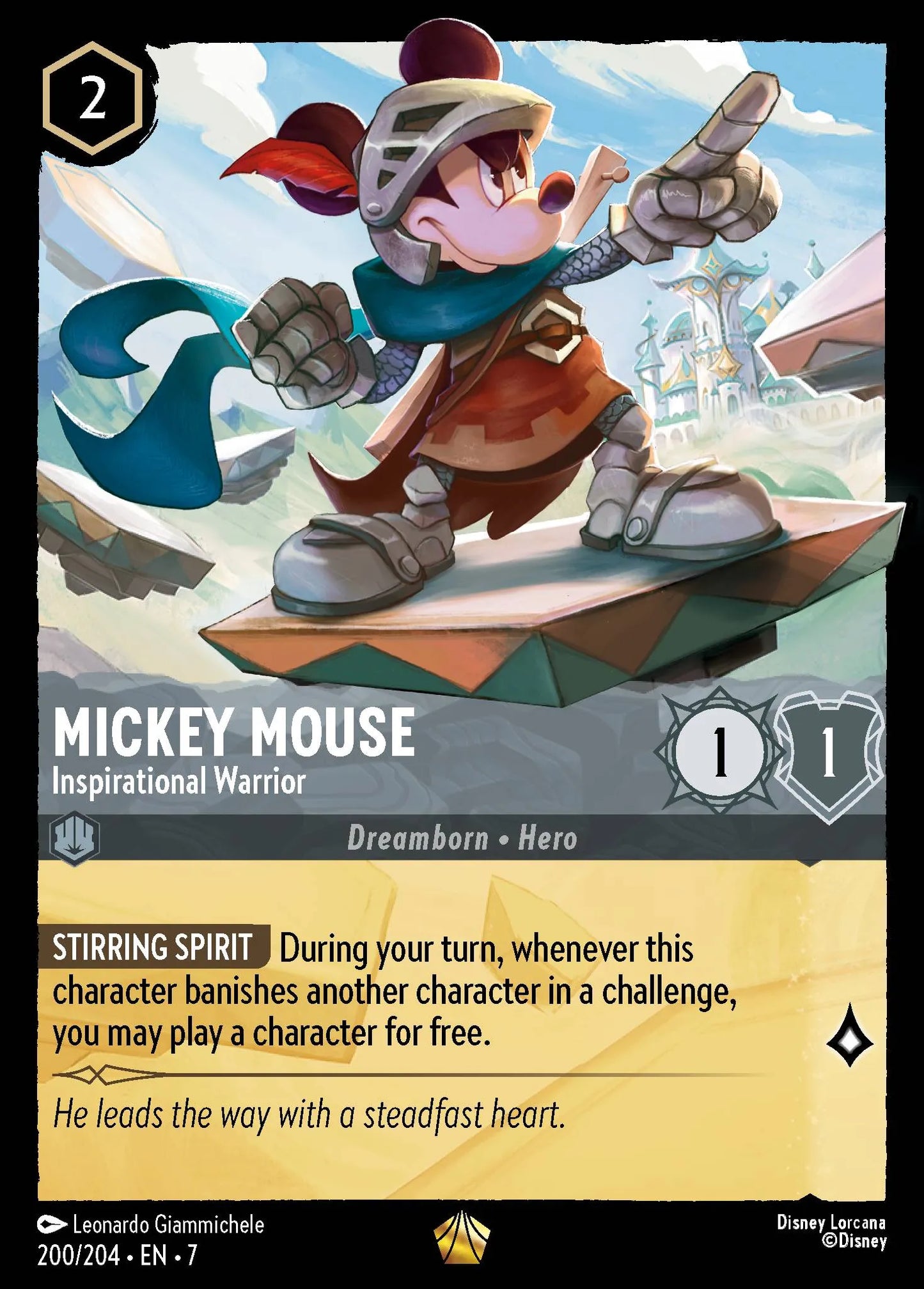 (200/204) Lorcana Archazia's Island Single: Mickey Mouse - Inspirational Warrior (V.1) Holo Legendary
